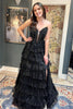 Load image into Gallery viewer, Sparkly Black A Line Strapless Tiered Long Prom Dress