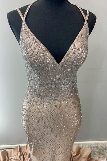 Mermaid Sparkly Gold V-Neck Long Beaded Prom Dress