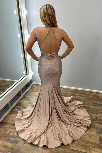 Mermaid Sparkly Gold V-Neck Long Beaded Prom Dress