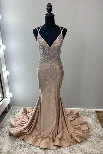 Mermaid Sparkly Gold V-Neck Long Beaded Prom Dress