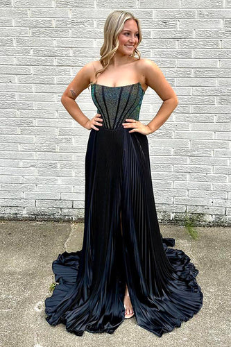 Sparkly Pleated Black Long Corset Prom Dress with Beading