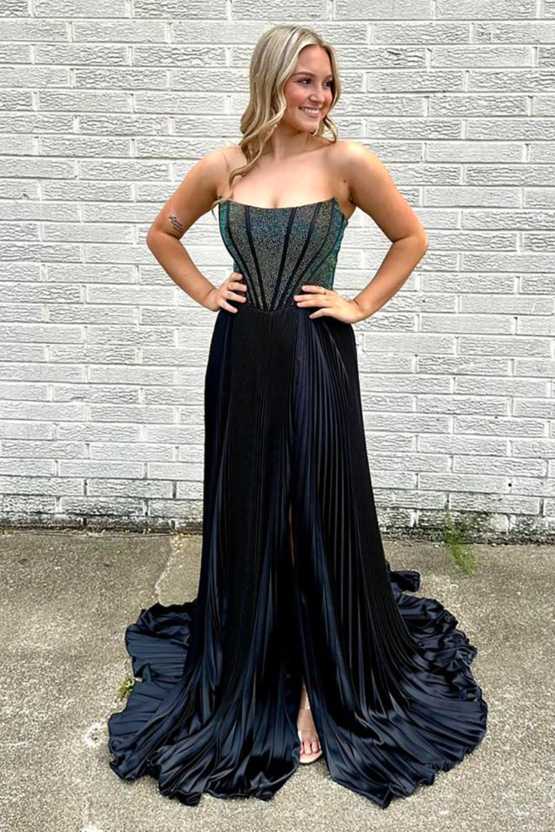 Load image into Gallery viewer, Sparkly Pleated Black Long Corset Prom Dress with Beading