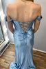 Load image into Gallery viewer, Grey Blue Mermaid Off the Shoulder Long Corset Prom Dress with Slit