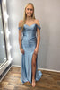 Load image into Gallery viewer, Grey Blue Mermaid Off the Shoulder Long Corset Prom Dress with Slit