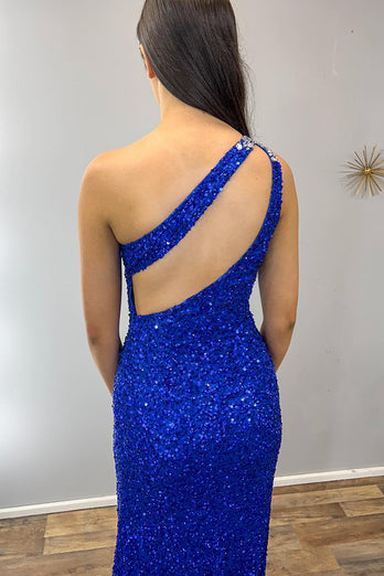 Royal Blue Sparkly One Shoulder Long Prom Dress with Sequins