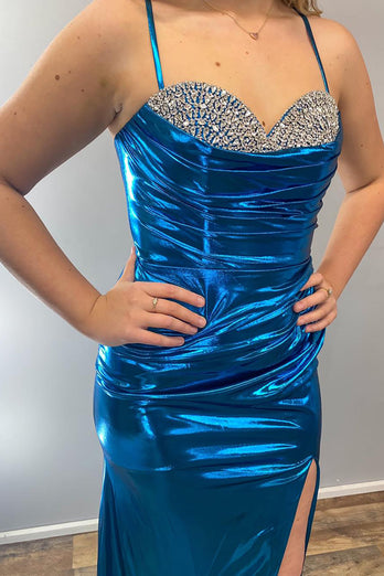 Turquoise Sparkly Beaded Long Prom Dress with Slit