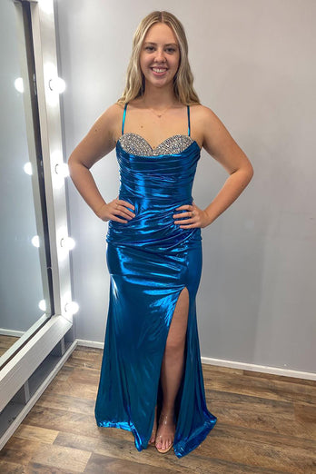 Turquoise Sparkly Beaded Long Prom Dress with Slit