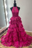 Load image into Gallery viewer, Fuchsia Sparkly Tiered Halter Long Prom Dress with Slit