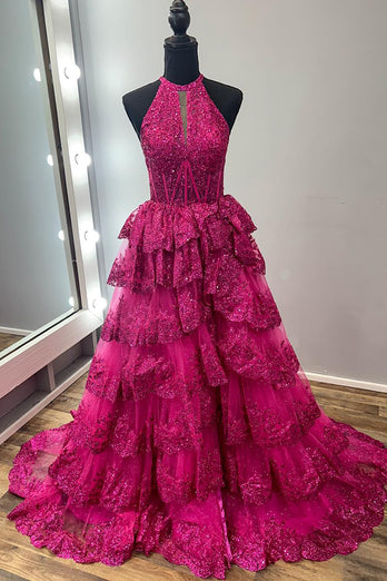 Fuchsia Sparkly Tiered Halter Long Prom Dress with Slit