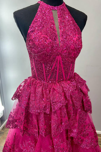 Fuchsia Sparkly Tiered Halter Long Prom Dress with Slit