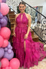 Load image into Gallery viewer, Fuchsia Sparkly Tiered Halter Long Prom Dress with Slit