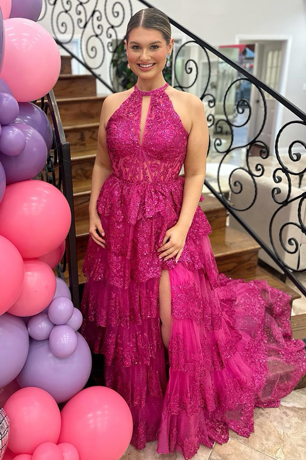 Fuchsia Sparkly Tiered Halter Long Prom Dress with Slit