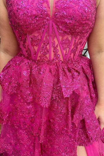 Fuchsia Sparkly Tiered Halter Long Prom Dress with Slit