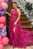 Load image into Gallery viewer, Fuchsia Sparkly Tiered Halter Long Prom Dress with Slit