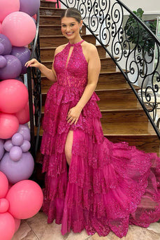 Fuchsia Sparkly Tiered Halter Long Prom Dress with Slit