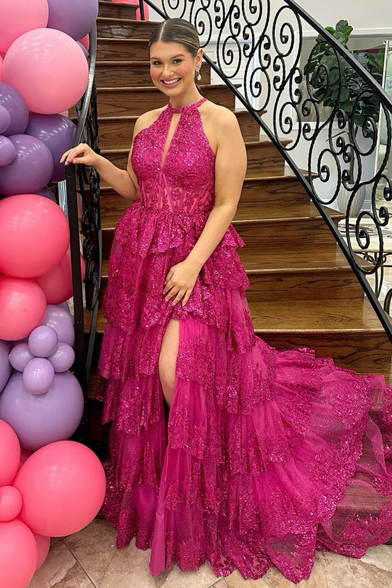 Load image into Gallery viewer, Fuchsia Sparkly Tiered Halter Long Prom Dress with Slit