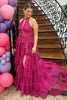 Load image into Gallery viewer, Fuchsia Sparkly Tiered Halter Long Prom Dress with Slit