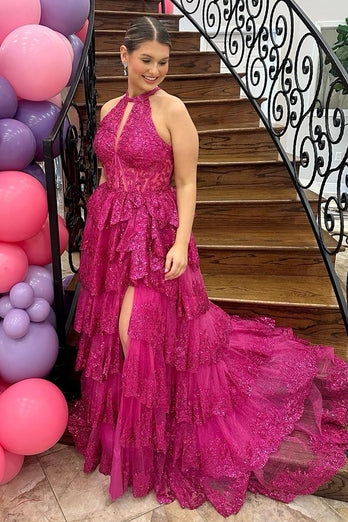 Fuchsia Sparkly Tiered Halter Long Prom Dress with Slit