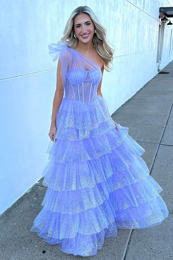 One Shoulder Sparkly Lilac A Line Tiered Long Corset Prom Dress