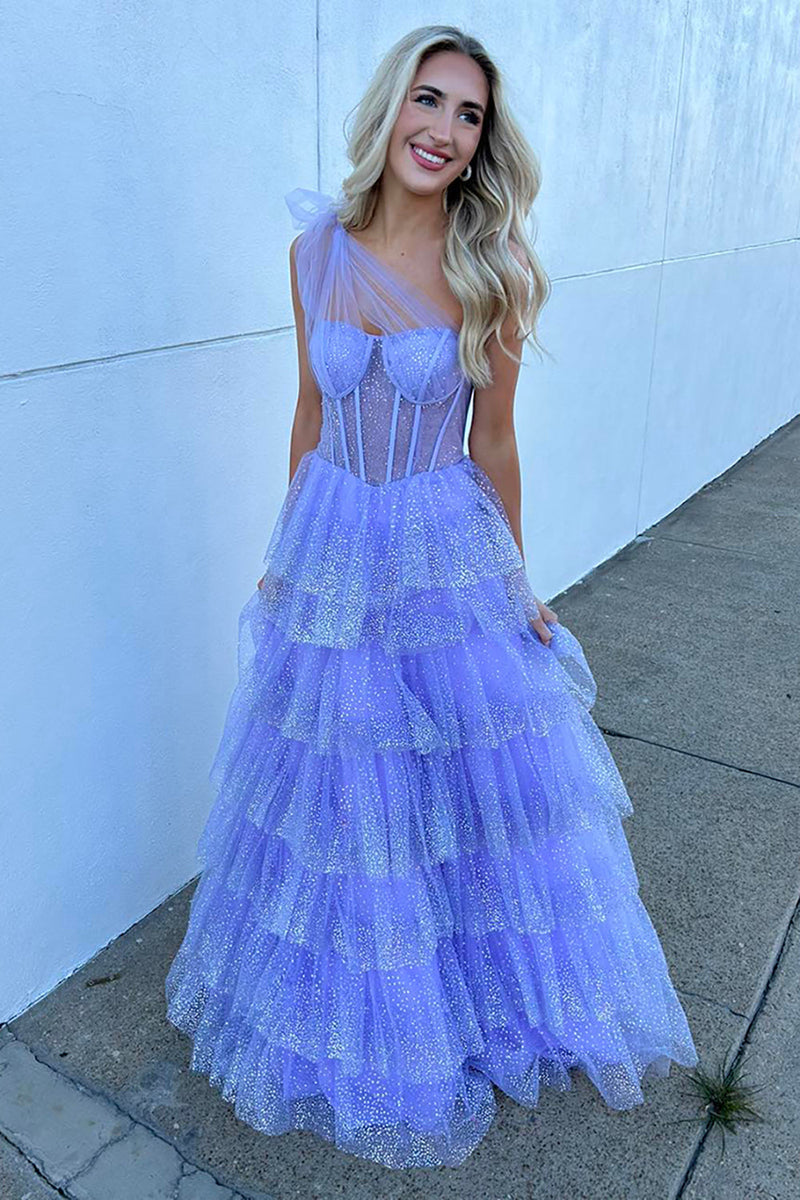 Load image into Gallery viewer, One Shoulder Sparkly Lilac A Line Tiered Long Corset Prom Dress