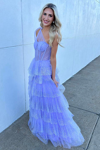 One Shoulder Sparkly Lilac A Line Tiered Long Corset Prom Dress