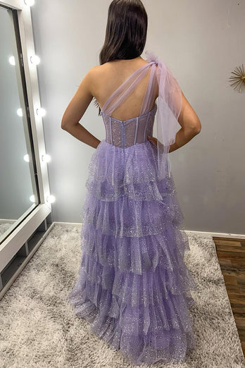 One Shoulder Sparkly Lilac A Line Tiered Long Corset Prom Dress