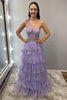 Load image into Gallery viewer, One Shoulder Sparkly Lilac A Line Tiered Long Corset Prom Dress