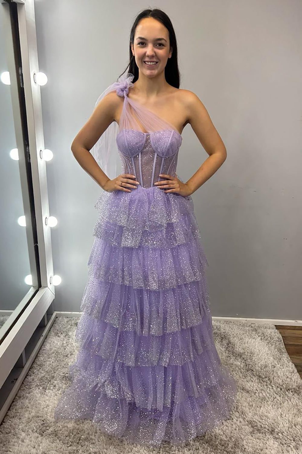 One Shoulder Sparkly Lilac A Line Tiered Long Corset Prom Dress