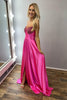 Load image into Gallery viewer, Sparkly Fuchsia A Line Strapless Satin Long Corset Prom Dress with Slit