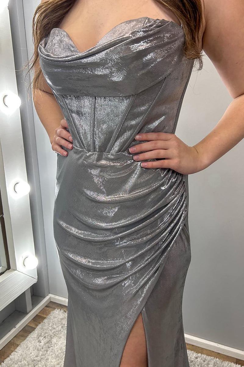 Load image into Gallery viewer, Sparkly Mermaid Grey Strapless Long Corset Prom Dress with Slit