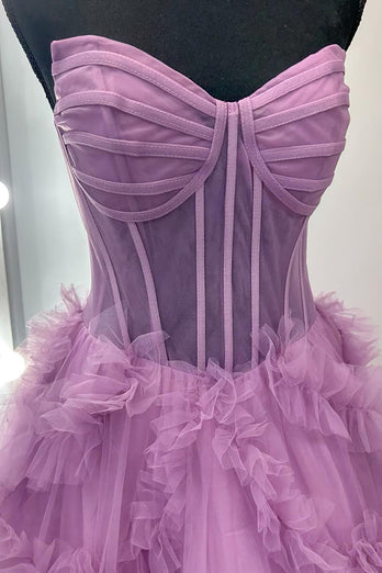 Taro Purple A Line Strapless Ruffled Long Corset Prom Dress