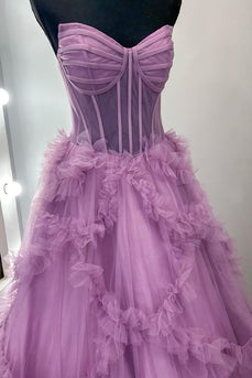 Taro Purple A Line Strapless Ruffled Long Corset Prom Dress