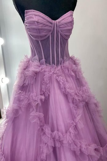 Taro Purple A Line Strapless Ruffled Long Corset Prom Dress