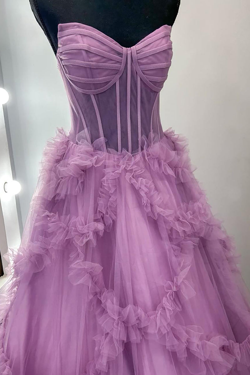 Load image into Gallery viewer, Taro Purple A Line Strapless Ruffled Long Corset Prom Dress