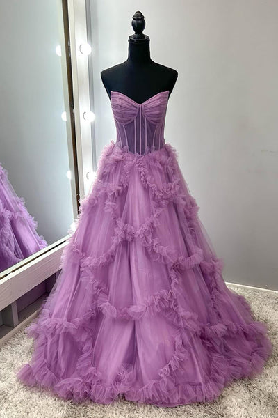 Taro Purple A Line Strapless Ruffled Long Corset Prom Dress