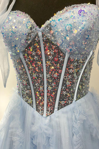 Sparkly Ruffled Beaded Light Blue Long Corset Prom Dress