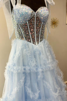 Sparkly Ruffled Beaded Light Blue Long Corset Prom Dress