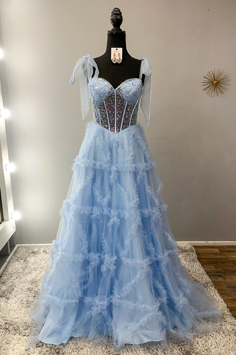 Load image into Gallery viewer, Sparkly Ruffled Beaded Light Blue Long Corset Prom Dress