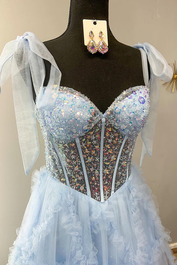 Sparkly Ruffled Beaded Light Blue Long Corset Prom Dress