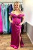 Load image into Gallery viewer, Fuchsia Satin Long Off the Shoulder Corset Prom Dress with Slit