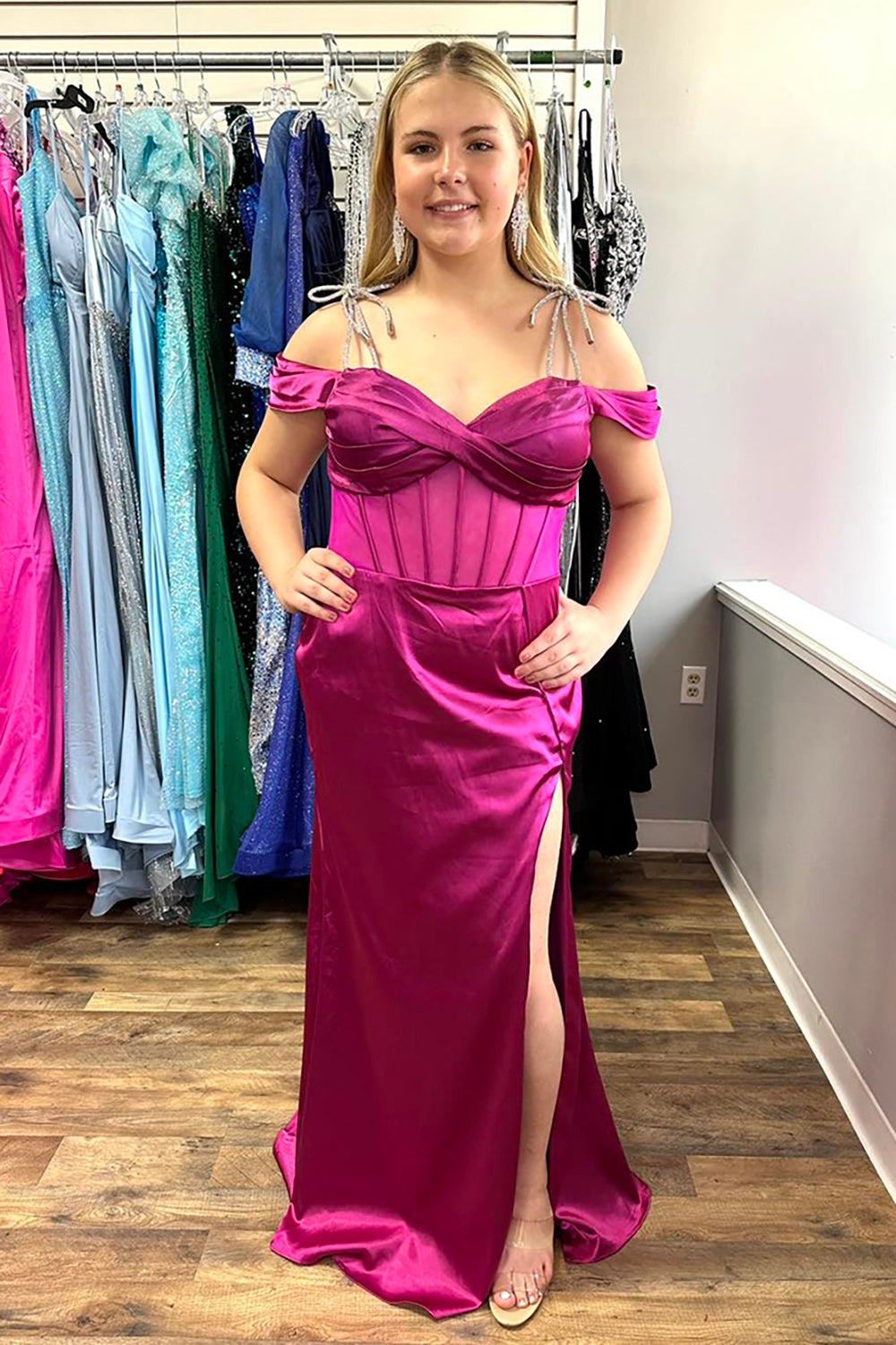 Fuchsia Satin Long Off the Shoulder Corset Prom Dress with Slit