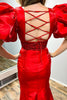 Load image into Gallery viewer, Sparkly Red V-Neck Long Beaded Prom Dress with Puff Sleeves