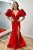 Load image into Gallery viewer, Sparkly Red V-Neck Long Beaded Prom Dress with Puff Sleeves