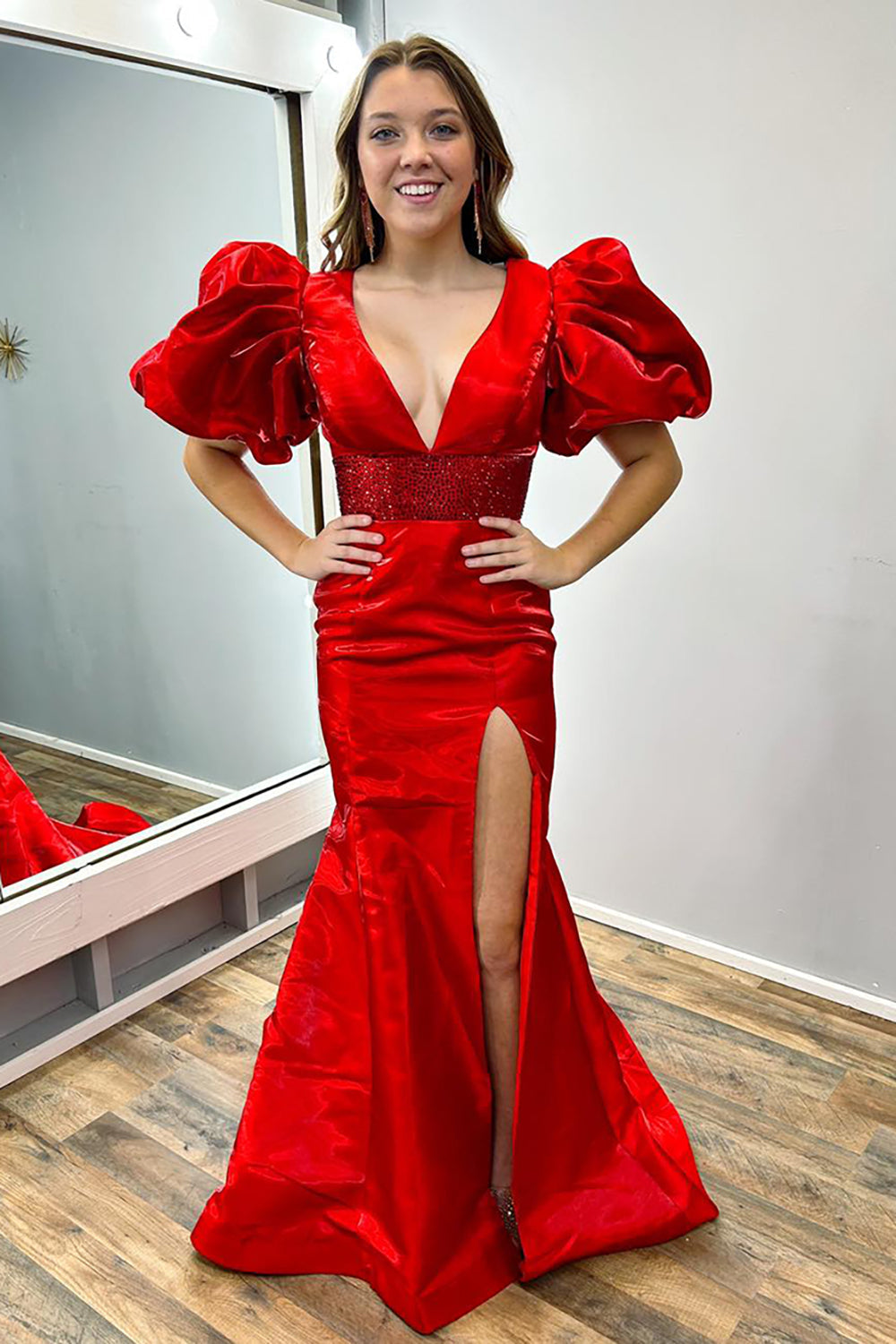 Sparkly Red V-Neck Long Beaded Prom Dress with Puff Sleeves