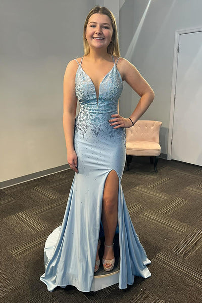 Grey Blue Long Appliqued Prom Dress with Slit