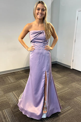 Lilac Satin Strapless Long Mermaid Prom Dress with Slit