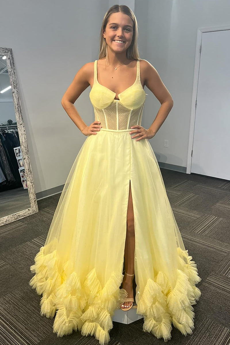 Load image into Gallery viewer, Yellow Sparkly Corset Tulle Long Prom Dress with Slit