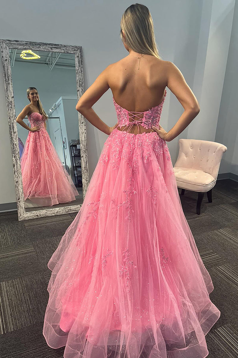 Load image into Gallery viewer, Sparkly Pink Tulle Corset Sweetheart Long Prom Dress with Appliques