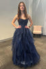 Load image into Gallery viewer, Sparkly  Strapless Navy A Line Tiered Long Tulle Prom Dress