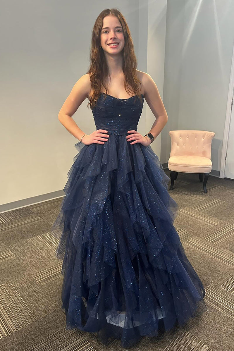 Load image into Gallery viewer, Sparkly  Strapless Navy A Line Tiered Long Tulle Prom Dress